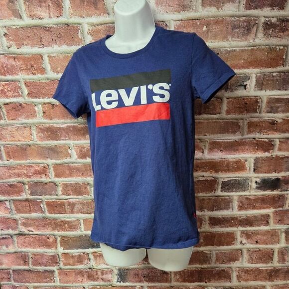 Levi’s Navy Logo T-Shirt Small Classic Crew Neck Short Sleeve Casual Cotton Tee - Picture 1 of 6